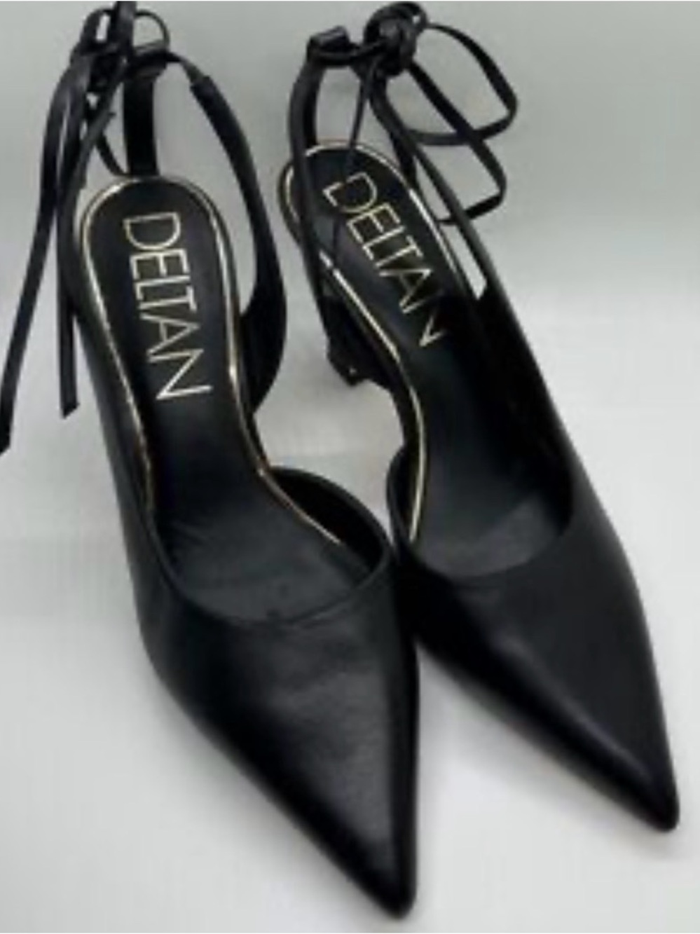 Deltan Black Pointed Slingback Heels with Ankle Tie